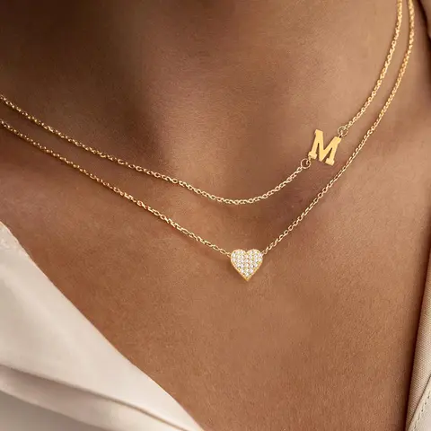 Women's Elegant Zircon Heart Initial Pendant Necklace Set, Stainless Steel Chain Multi-Layer Design, All-Season Jewelry, Initials Necklace, Letter Necklaces, Dainty Necklace, Layering Necklace, Sentimental Necklaces, Daily Wear Necklace