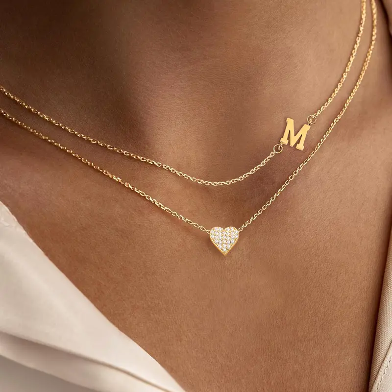 Women's Elegant Zircon Heart Initial Pendant Necklace Set, Stainless Steel Chain Multi-Layer Design, All-Season Jewelry, Initials Necklace, Letter Necklaces, Dainty Necklace, Layering Necklace, Sentimental Necklaces, Daily Wear Necklace