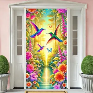 2D Flat Door Banner, Spring Door Cover, Hummingbird Butterfly Flowers, Welcome Summer Door Decorations, Porch Banner Sign, Seasonal Decor