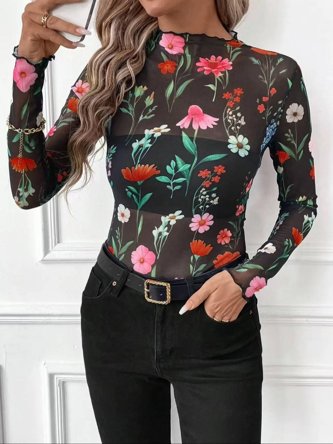 Women's Leopard Print Long Sleeve Turtleneck Tight Casual Chic Fitted Top, Stylish Mesh Detail Bodycon Shirt for Nightclub and Parties, Sexy Casual Wear, Bohemian Casual Top, Casual Boho Blouses, Blouses Shirts Tops