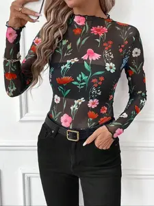 Women’s Leopard Print Long Sleeve Turtleneck Tight Casual Chic Fitted Top, Stylish Mesh Detail Bodycon Shirt for Nightclub and Parties, Sexy Casual Wear, Bohemian Casual Top