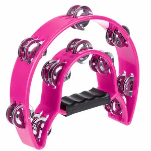 Pink Half Moon Tambourine Double Row Metal Jingles Handheld Percussion Instrument with Ergonomic Grip for KTV Party Karaoke Music Performance