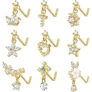Women's 9 PCS 20G L-Shaped Stainless Steel Dangle Nose Rings - CZ Cross, Crown, Flower, Heart Dangling Nose Studs Piercing Jewelry