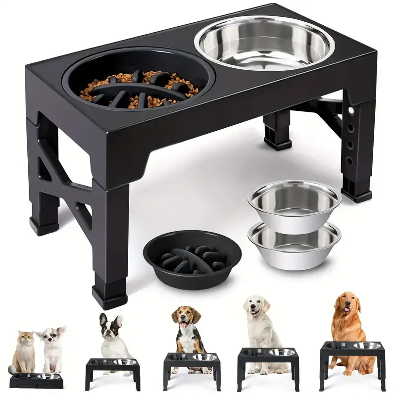 Elevated Slow Feeder Pet Bowl Set - 5-Level Height Adjustable (3.2in-12.2in) Collapsible Stand, 2 Stainless Steel Bowls, 1 Slow-Feed Insert, Non-Slip Base for Small to Large Dogs/Cats
