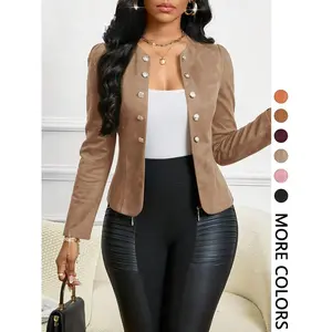 Women's Tan Suede Pearl Button Blazer, Jacket, Faux Suede Fabric & Decorative Pearl Buttons & Puff Shoulders & Tailored Fit & Multiple Color Options 1pc