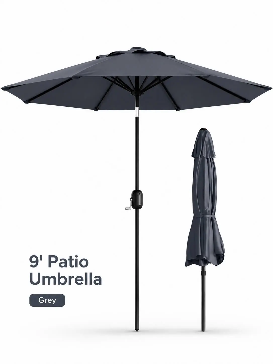 9’ Outdoor Patio Umbrella with Crank Lift, Push-Button 35° Tilt, Vented UV-Resistant Polyester Canopy and 8-Rib Iron Fram