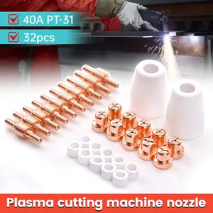 32Pcs Plasma Cutter Electrode Tips Cup Nozzle Nickel Plated Extended Consumables Kit For PT31 LG40 Plasma Torch Cutter Parts