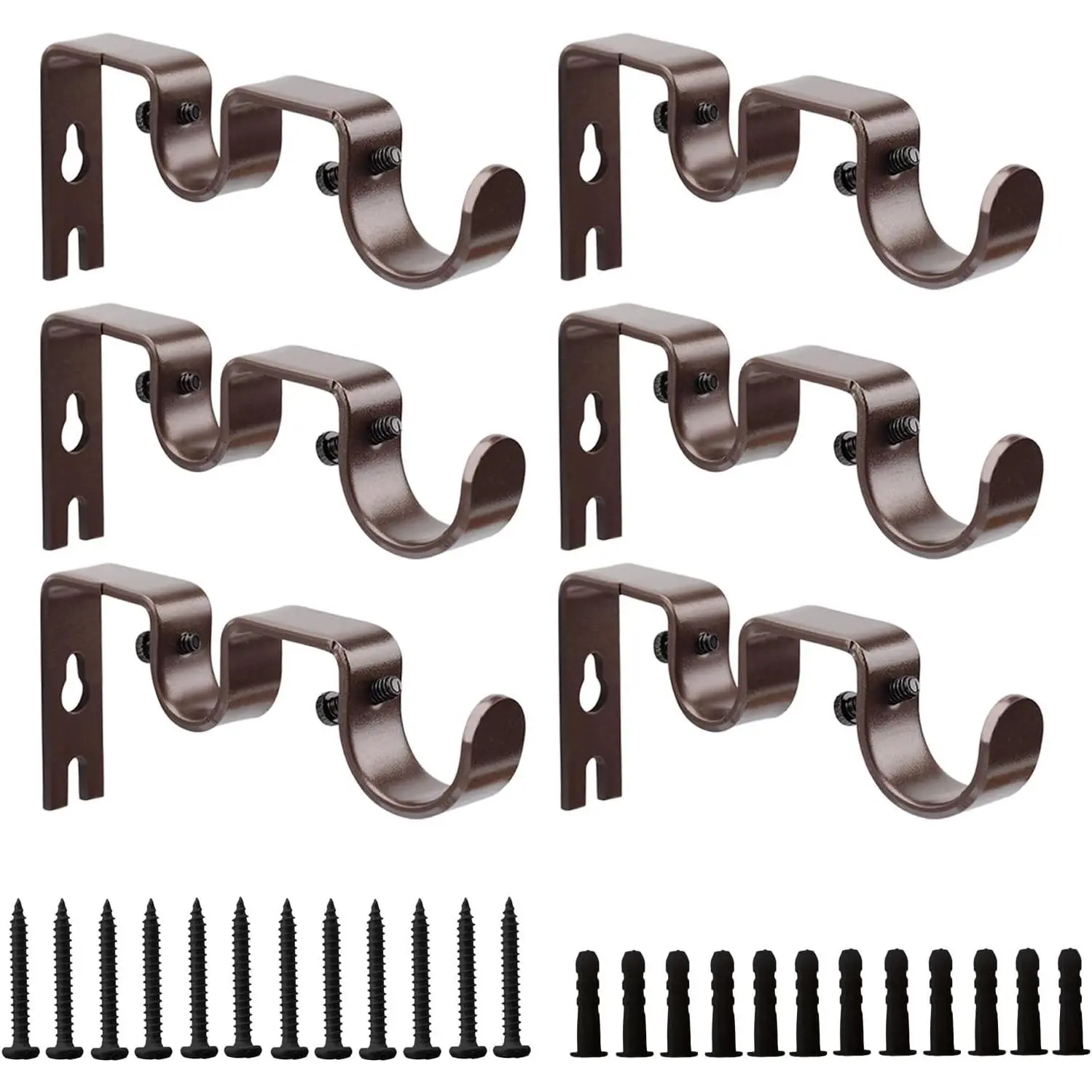 Double Curtain Rod Bracket 6 Pack Metal Curtain Rod Holders for Wall Sturdy Curtain Bracket for 1 Inch Curtain Rod Brown Wall Mounted Curtain Rod Hooks for Bedroom Living Room Patio