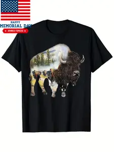 Men'S Vintage Bison Buffalo Graphic T-Shirt - 100% Short Sleeve Crew Neck, Black with White And Brown Scenic Bison Print, Casual And Beach Wear, All-Season Comfort, American Wilderness Design