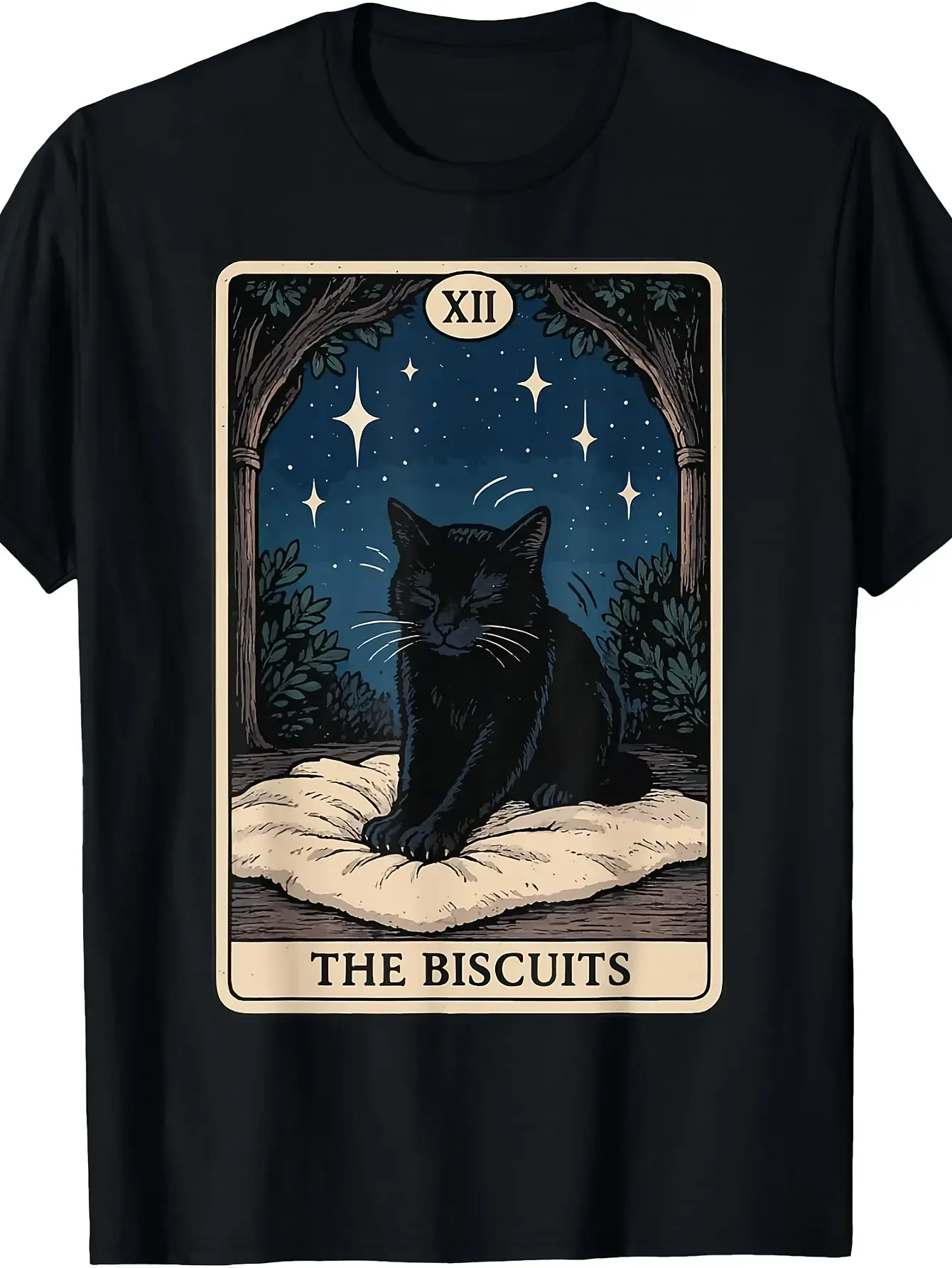 Retro Biscuits Cat Tarot Card T-Shirt - Vintage Tarot-Themed Apparel with Iconic Cat, Machine Washable Round Neck Tee Suitable for - Casual Wear & Themed Events, Retro Style T-Shirt