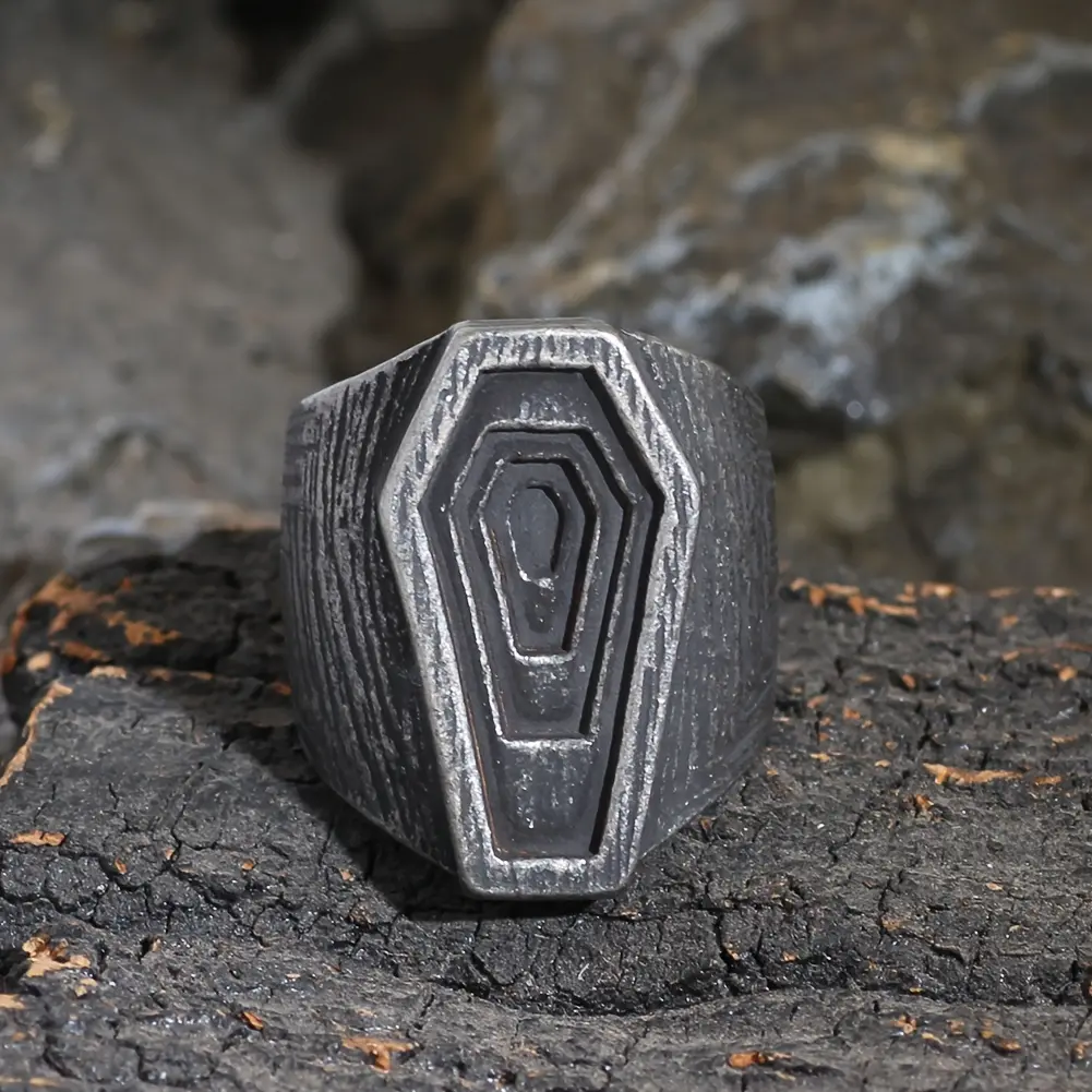1pc Men's Stainless Steel Coffin Ring - Retro Punk Style with Intricate Design, Durable & Stylish Jewelry for Modern Fashion Enthusiasts