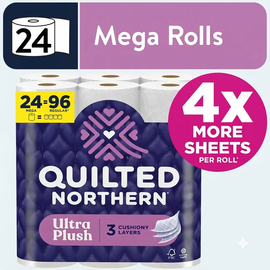 Quilted Northern Ultra Plush 3-Ply Toilet Paper 24 Mega Rolls 255 Sheets Soft Premium Absorbent Septic Safe Tissue