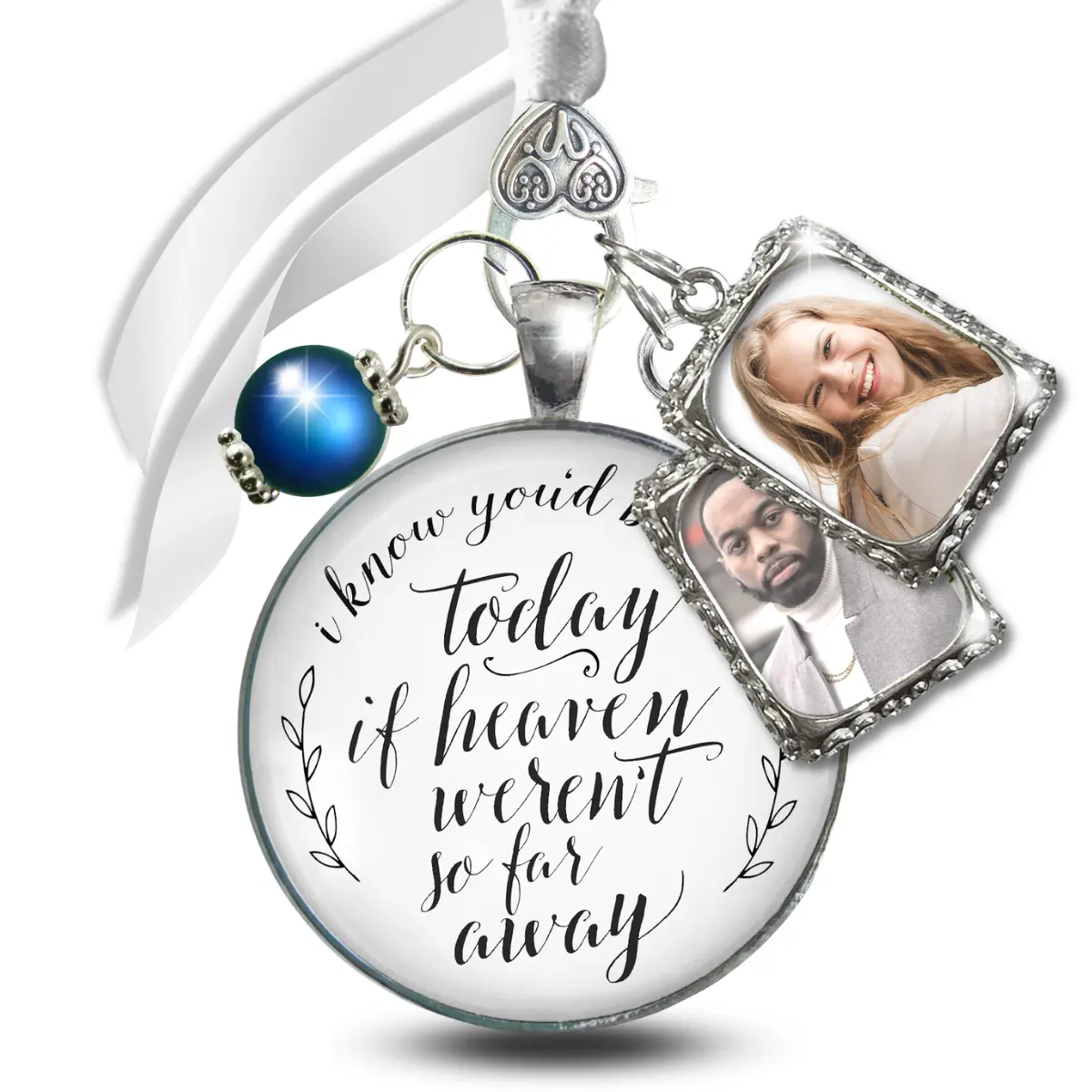 Wedding Bouquet Memorial Charm You'd Be Here Heaven Silvertone White Blue Bead Jewel 2 Frames