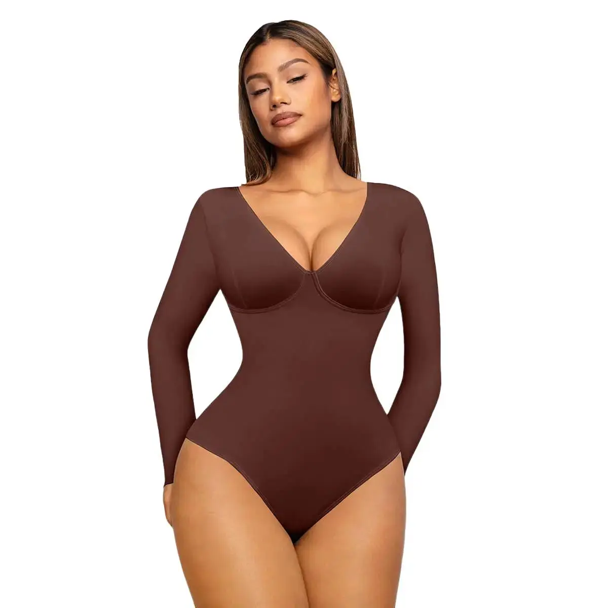 FeelinGirl Long Sleeve V Neck Tummy Control Thong Tops Bodysuit Lady Fall & Winter Clothing Breathable Fit