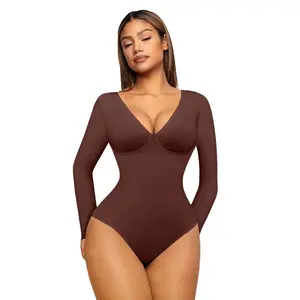FeelinGirl Long Sleeve V Neck Tummy Control Thong Tops Bodysuit Lady Fall & Winter Clothing Breathable Fit