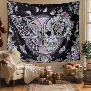 Butterfly & Skull Pattern Tapestry, Floral Pattern Wall Hanging Tapestry, Wall Art Decor for Home Living Room Bedroom Dormitory