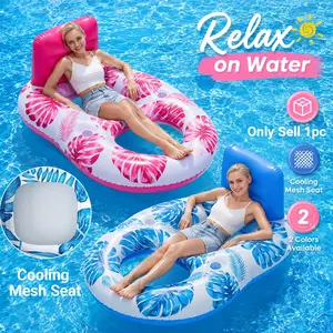 Large Inflatable Pool Lounger for Adults with Cup Holders, Double-Hole Mesh Tub Raft, Leaf print, Oversized Floating Lounge Chair, Heavy Duty Pool Float with Comfortable Breathable Mesh Seat for All-Day Relaxation,for Swimming Pool, Lake and Beach