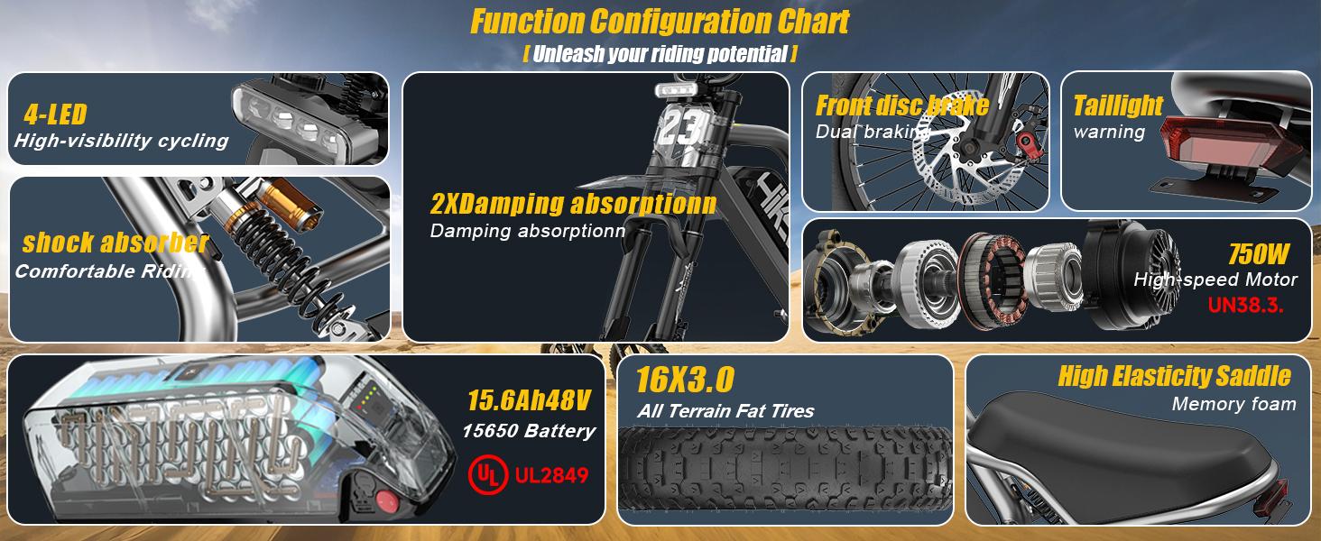 HiKeep K6-mini  Electric Bike for Adults - 16/20 Inch Fat Tire Ebike, 750W/Peak 1500W Motor Ebike, 48V15.6AH Detachable Battery, 4 Riding Modes Electric Dirt Bike