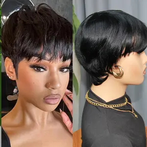 TIKU Women's Short Layered Straight Human Hair Wigs Glueless Pixie Cut Wigs for Black Women, Highlight Blonde Wigs Short Bob Wigs Lightweight Daily Wear Wig, Available in Colors 1B, 1B-27, 1B-99J, 1B-60