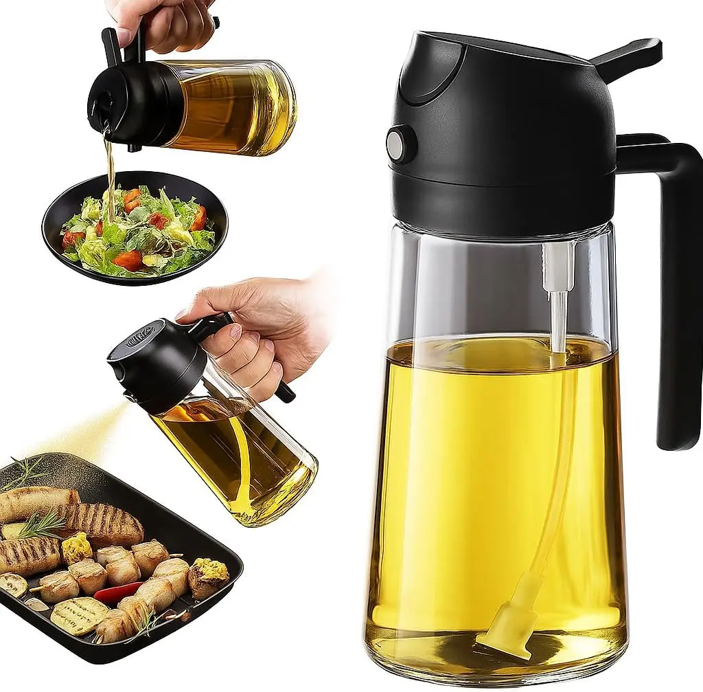 2-in-1 - Olive Oil Sprayer & Dispenser Bottle – 470ml/16oz Glass Spray and Pour Oil Bottle for Cooking, Air Fryer, Salad, BBQ – Kitchen Gadgets & Accessories, Black