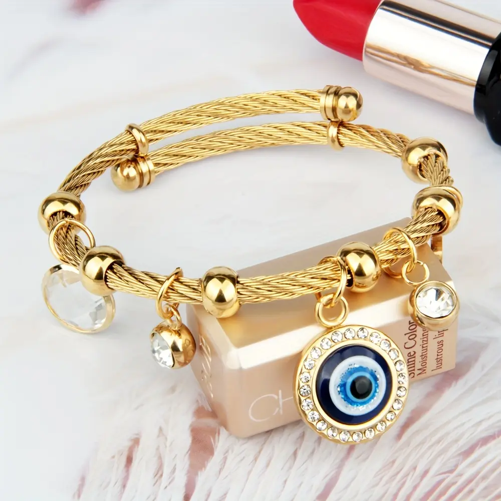 1 18K Gold Plated-plated Jewelry 304 Stainless Steel Jewelry Men's and Women's Bracelet Western Style Multi Pendant Blue Eye Accessory Holiday Party Wire Bracelet Gift