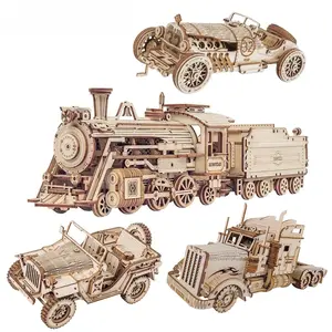 3D Puzzle Movable Steam Train Car Assembly Toy Gift for Children Adult Wooden Model Building Block Kits MC401/MC501/MC502/MC701