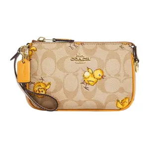 COACH Nolita 15 Chick Cartoon Animal Print Chain Wristlet Handbag in Khaki and Yellow