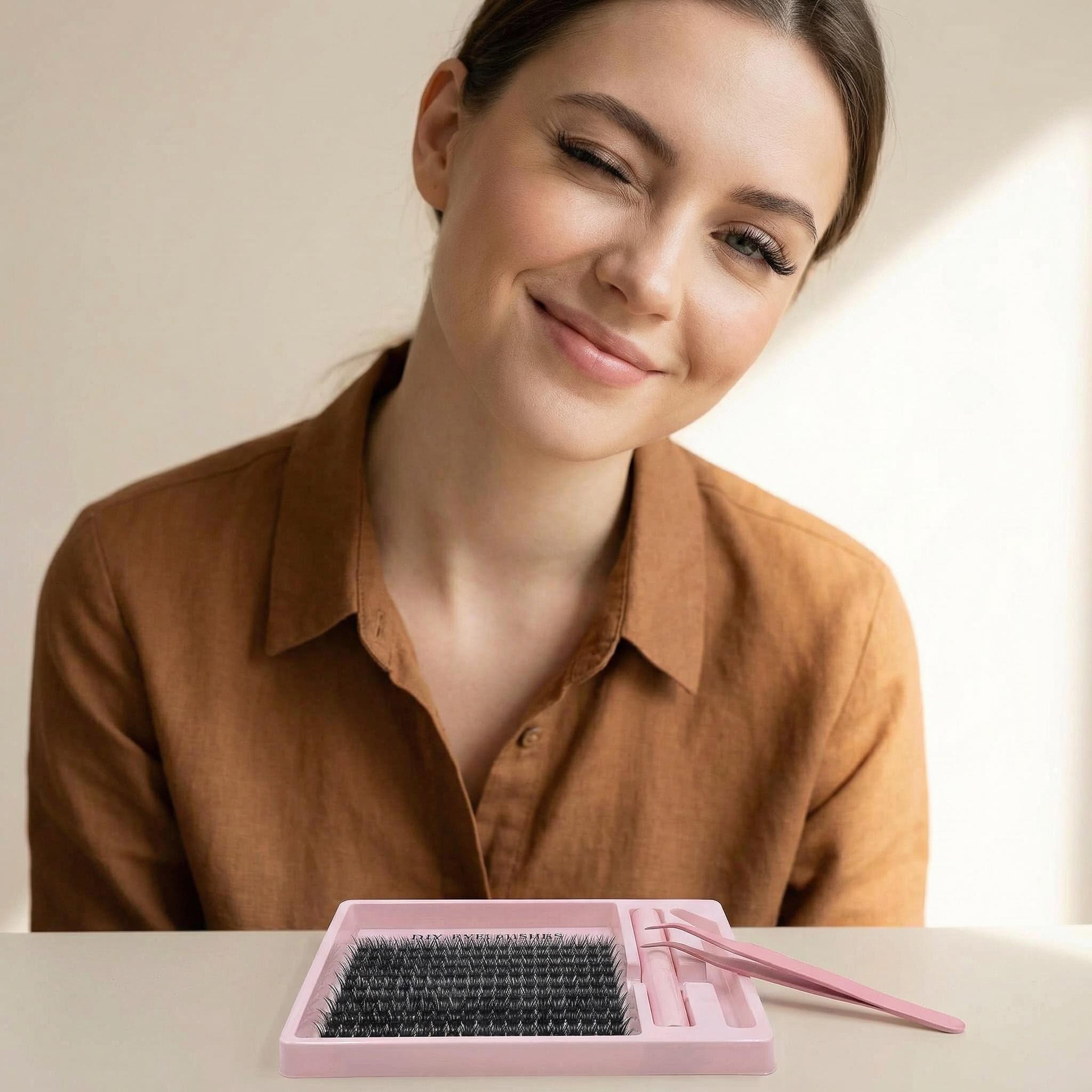 Mixed length false eyelash set, including adhesive, tweezers, natural eyelash extension technique, imitation clustered false eyelashes for enhancing eyelash effect, eyelash gel extender, clustered eyelashes, cosmetics, perfect makeup lightweight products