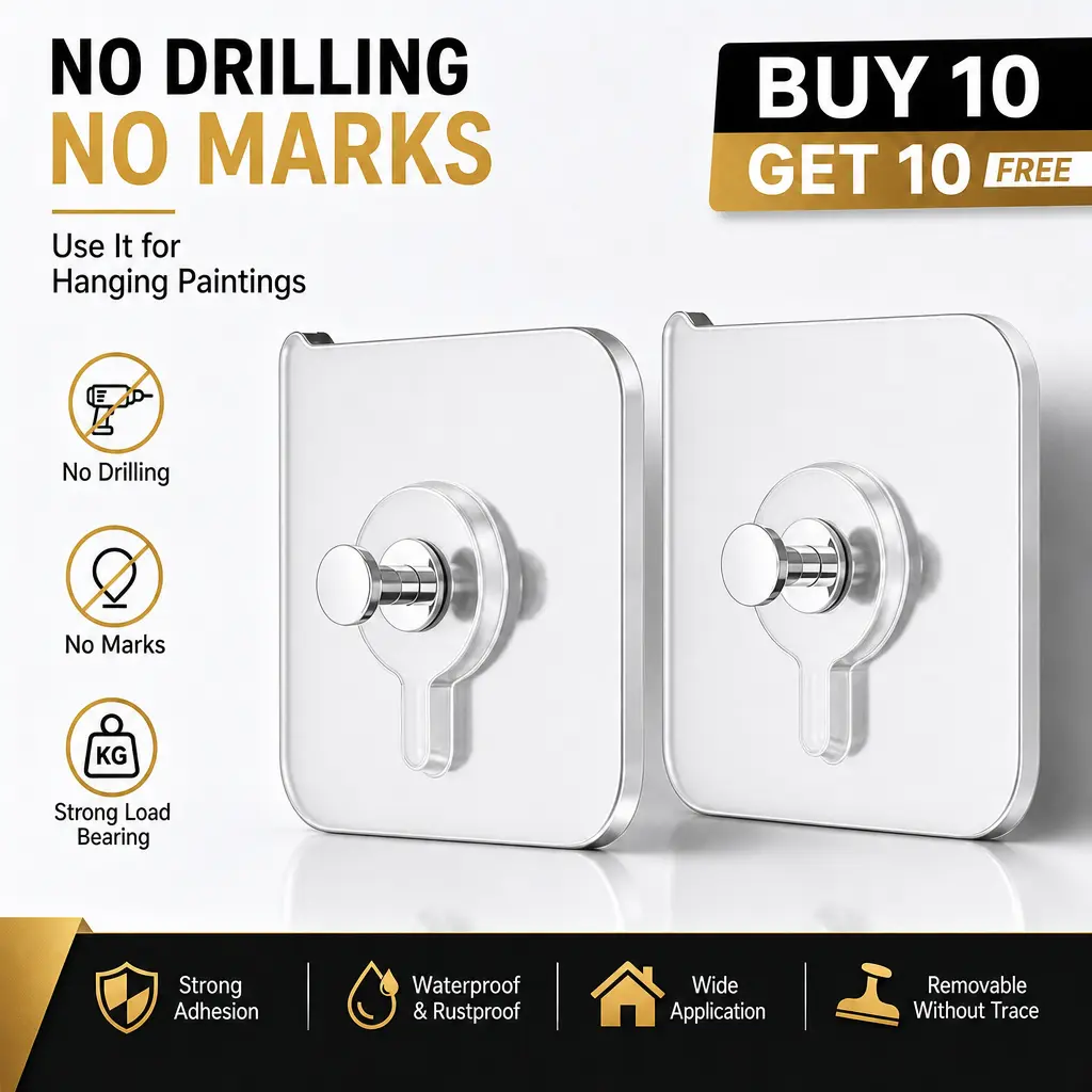 No Drill Wall Hooks, Adhesive Hooks for Hanging, Heavy Duty 10kg Waterproof Seamless Hooks, No Marks Removable Wall Hangers for Bathroom, Kitchen, Home, Paintings, Door