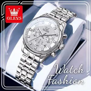 OLEVS 3669 Women's Luxury Fashion Chronograph Quartz Watch, Sunburst Dial with Rhinestone Hour Markers, Multifunctional Calendar & Luminous Hands, 3ATM Water Resistant Formal Dress Wristwatch, Ideal Birthday Anniversary Gift for Ladies Wife Girlfriend
