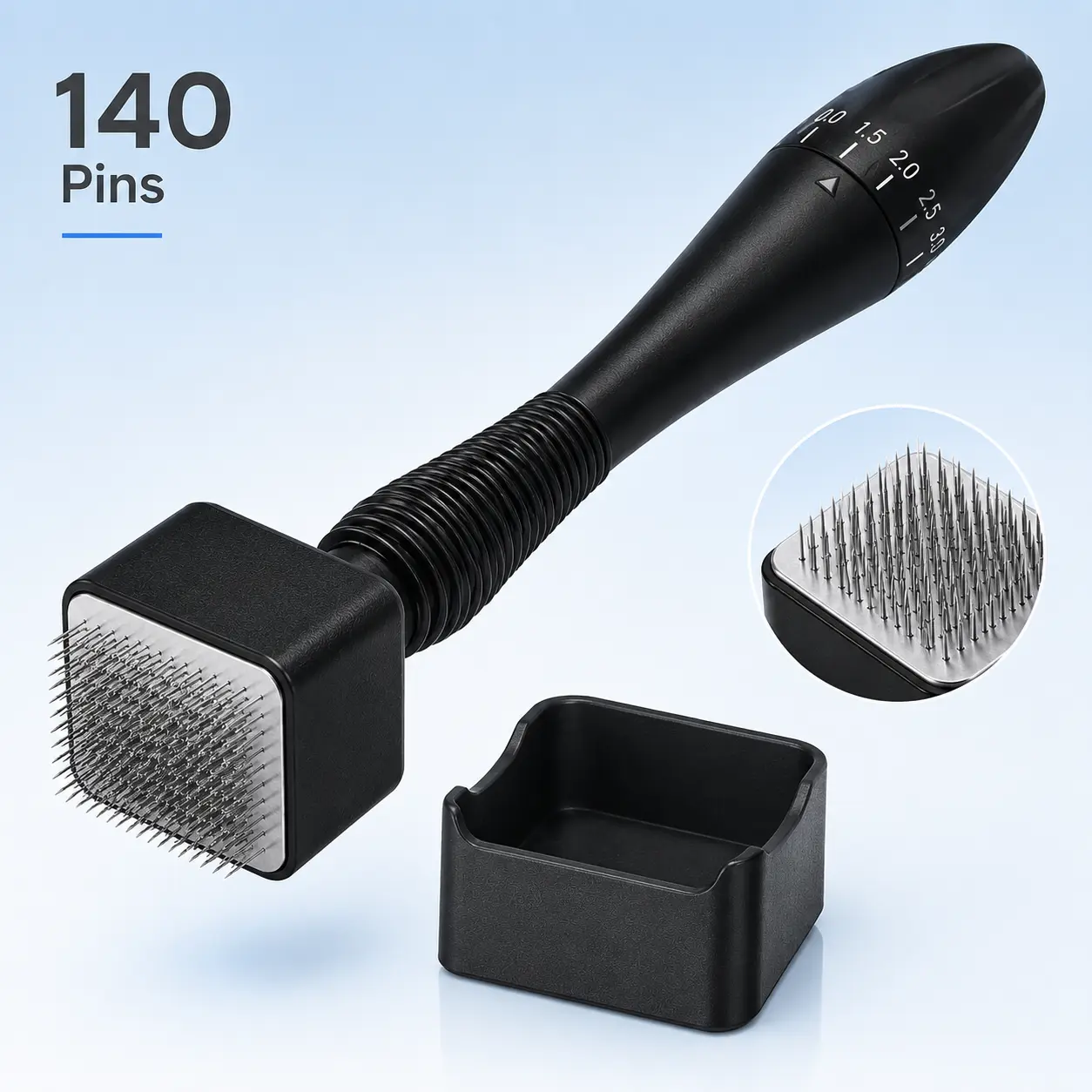 Adjustable Derma Stamp, 140-Needle Microneedle Stamp with 0–3.0 mm Depth Control, Textured Grip and Protective Base for At-Home Face Skincare Routine