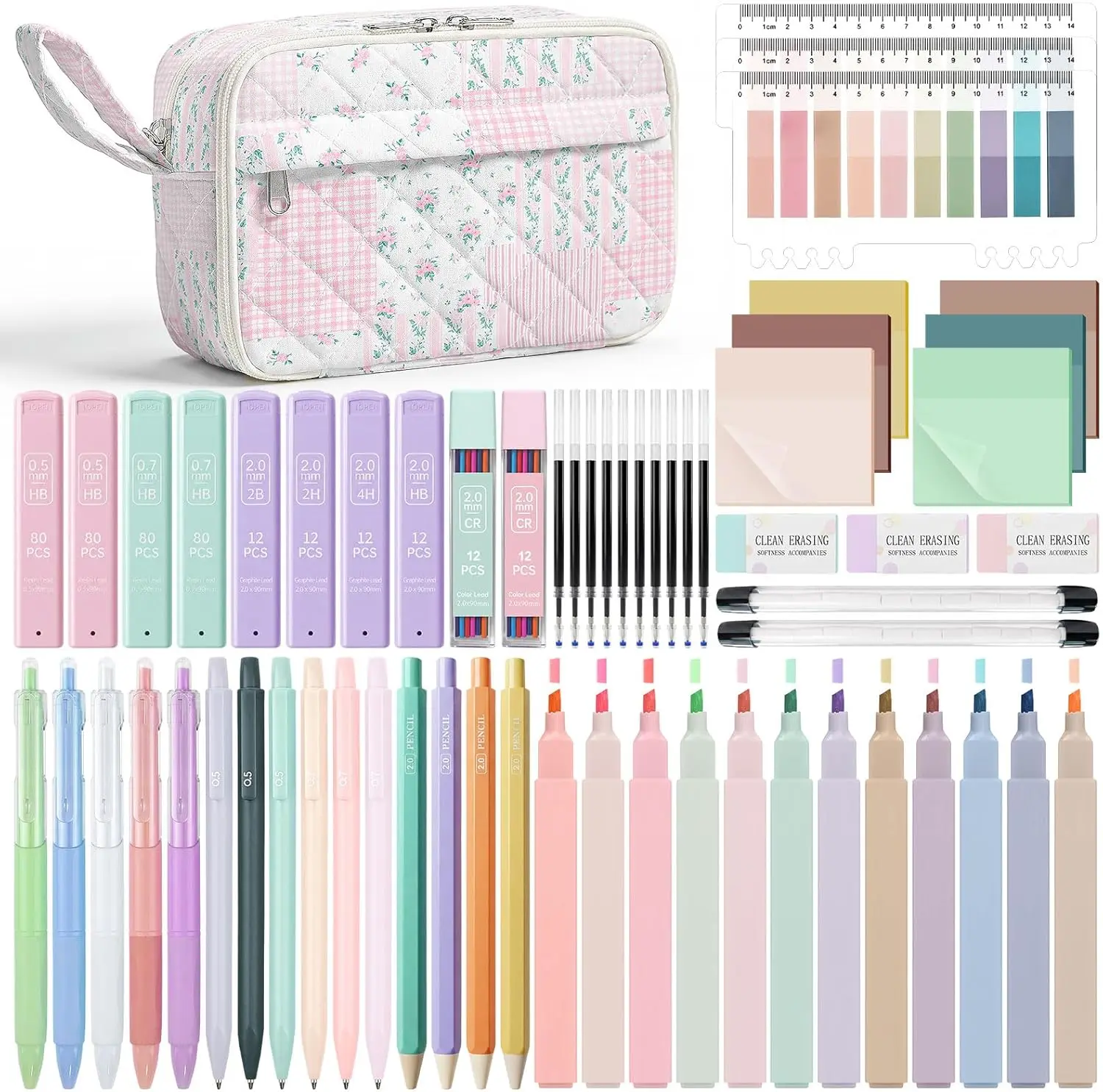 Women's Quilted Floral Patchwork Pencil Pouch & Stationery Set, 62-Piece Preppy Aesthetic Classroom Supplies for Teen Girls with Pastel Highlighters & Gel Pens, Back to School Shopping for Middle/High School Backpacks Compatibility, School Office Supplies