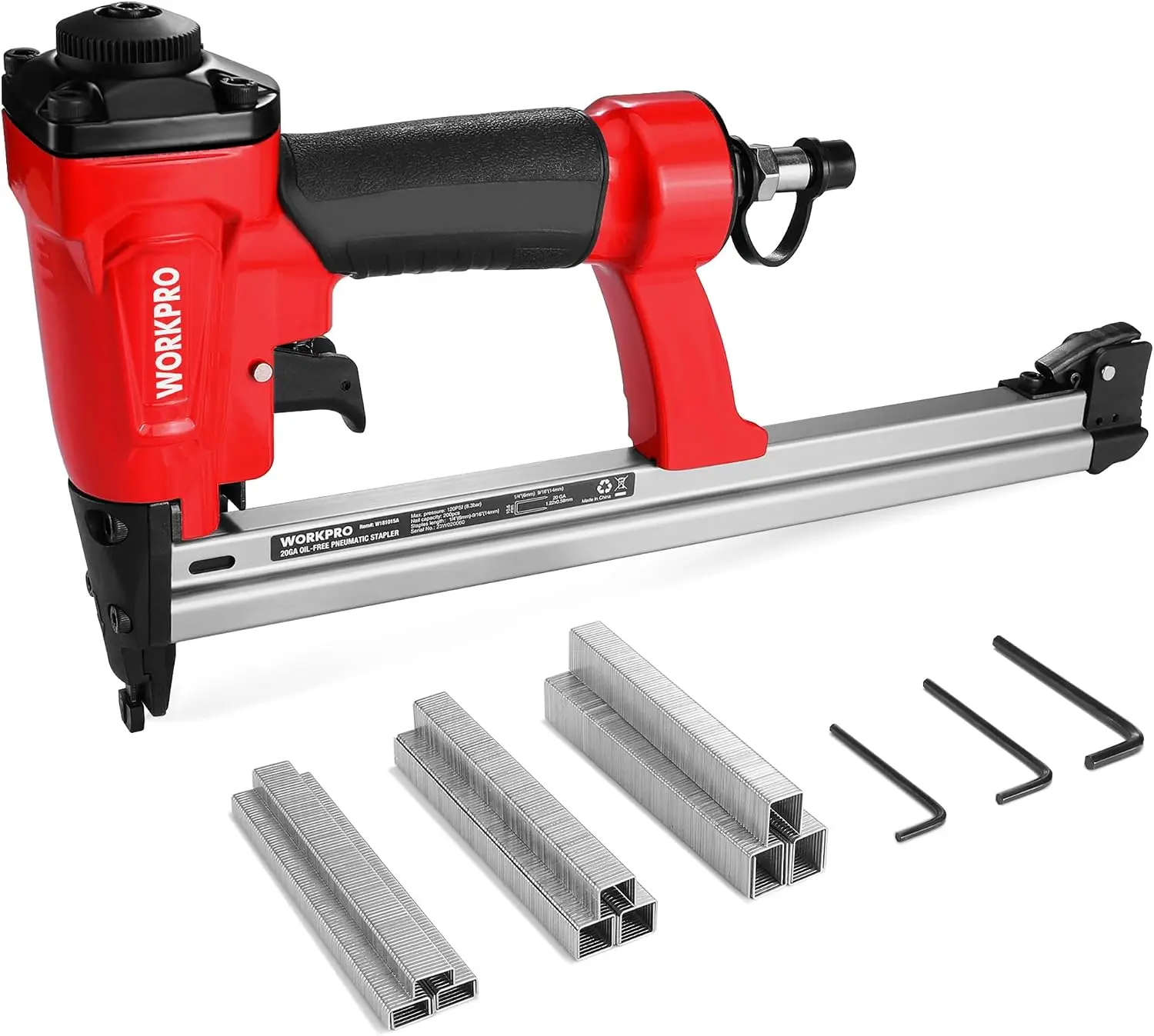 Pneumatic 20 Gauge Staple Gun, Oil-Free T50 Upholstery Stapler 1260pcs T50 Staples, 1/4" to 5/8" Sizes, Extended Magazine, 200-Staple Capacity, for Woodworking, Carpentry & DIY