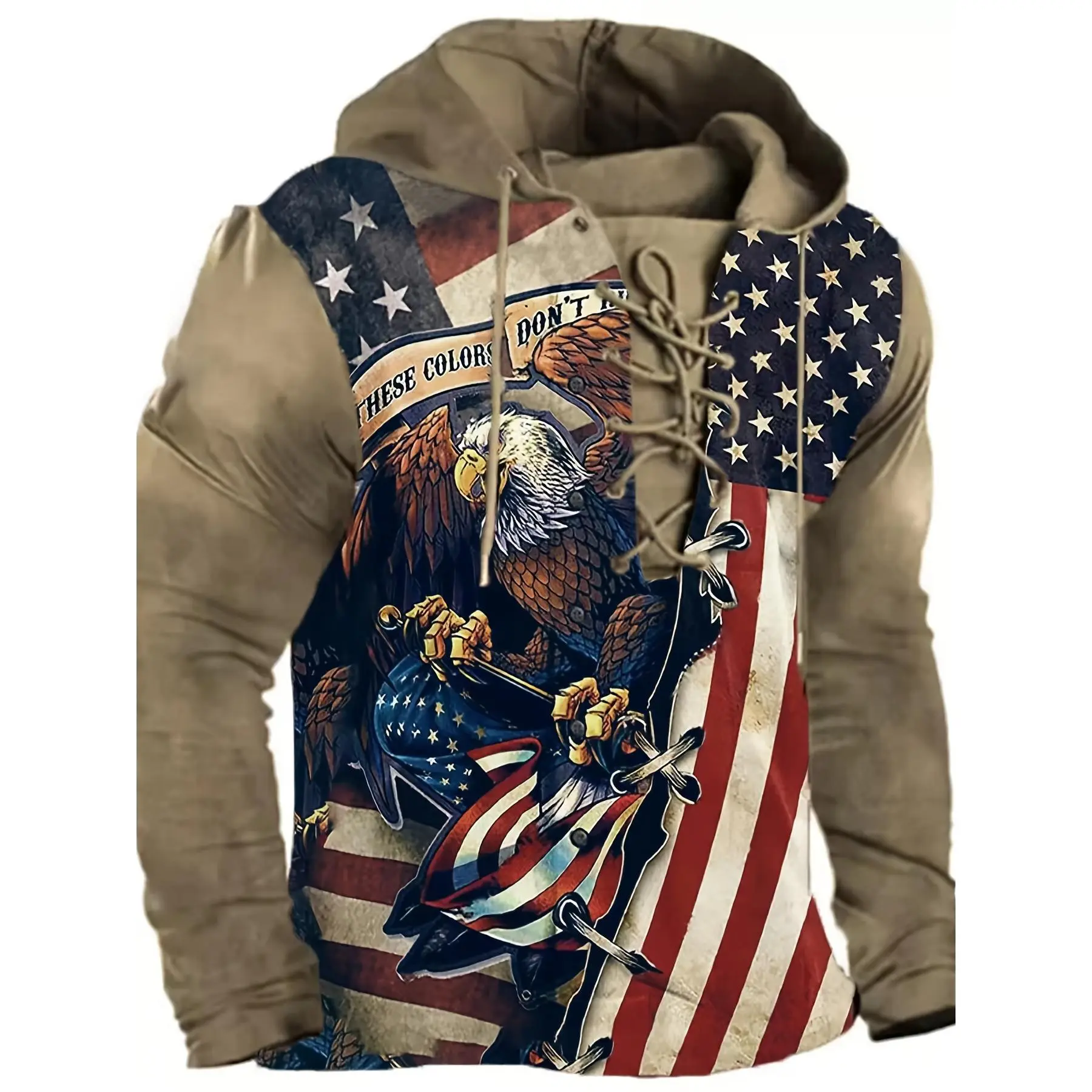 Men's & Women's Patriotic 3D Print American Flag Hoodie - Lace-Accent, Stretch Knit Fabric, Long-Sleeve Pullover, Soft Breathable Durable Polyester Blend, Spacious Kangaroo Pocket, Easy Machine Wash, Ideal Fit for Fall Winter Outdoor Activities, Gift, Top