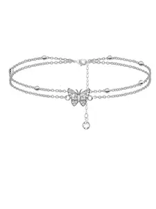 Versatile ankle accessory - glittering diamond butterfly double ankle chain with zircon tail pendant in silver color Anklet