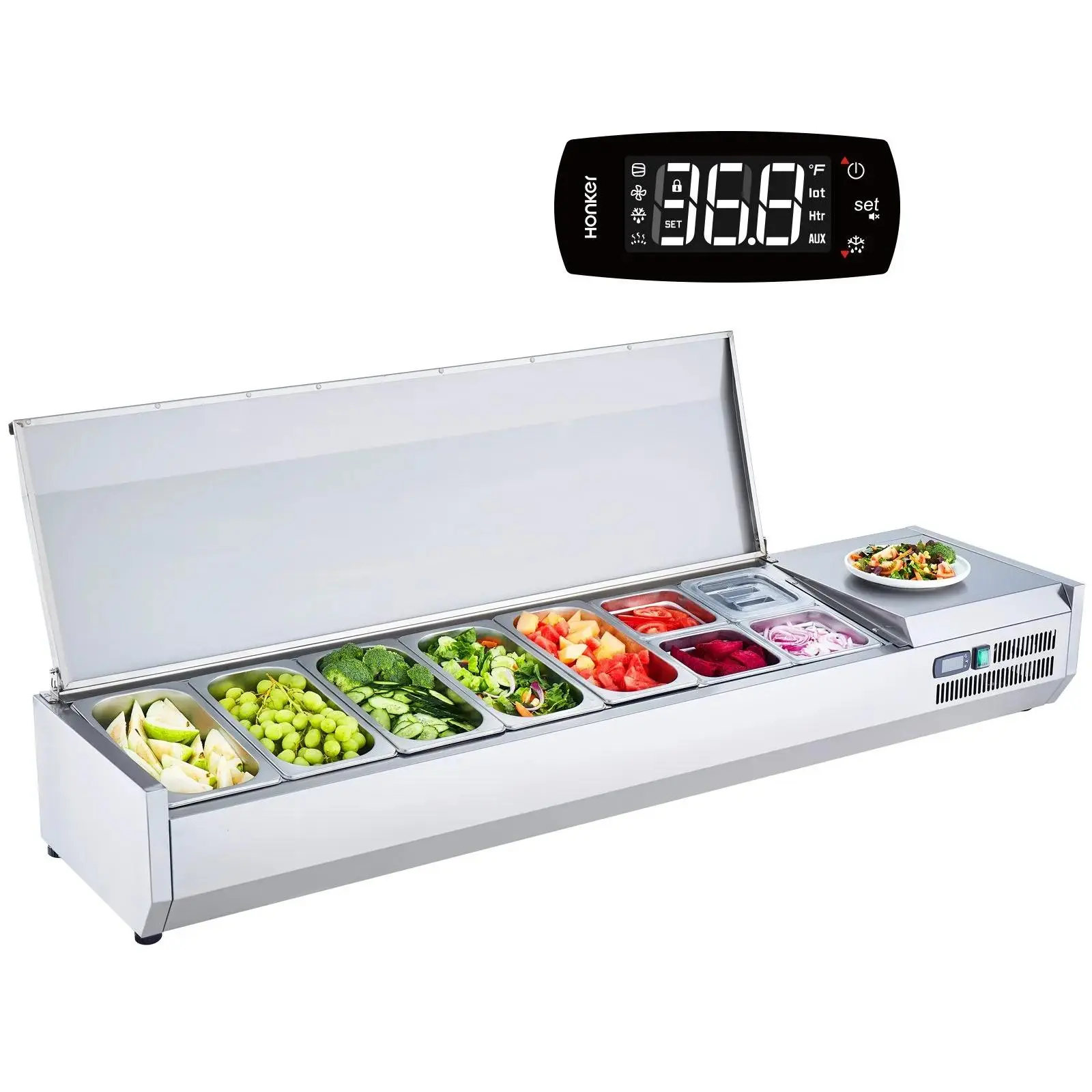 【DealsForYouDays】VEVOR Refrigerated Condiment Prep Station,  160 W Countertop Refrigerated Condiment Station, with 5 1/3 Pans & 4 1/6 Pans, 304 Stainless Body and PC Lid, Sandwich Prep Table with Stainless Guard, ETL