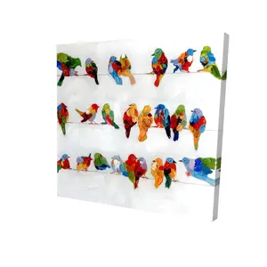 360 Stand Colorful Birds on Wire Canvas Print - 8x8 in. Nature Artwork, Blue Wall Decor for Bedroom, Home Decor Animal-Themed Gift, Artistic, Decoration