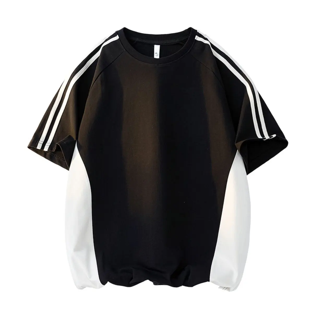 Men's patchwork short-sleeve T-shirt, American retro sporty casual crewneck top.