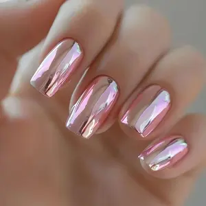Upgrade Your Nail Style, 24pcs Chrome Press-On Nails, Glittering Fake Nails, Medium Square Acrylic Fake Nails, Reusable, Suitable for Women & Girls
