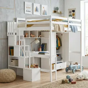 VECELO Full Size Solid Pine Wood Loft Bed with L-Shaped Desk, Built-in Wardrobe, Storage Stairs and Drawers, Space-Saving Loft Bed Frame with Workstation for Kids, Teens and Adults