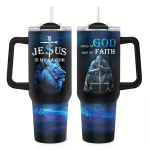 40oz Jesus Is My Savior Lion Warrior of Christ Stainless Steel Tumbler with Handle Straw Lid Insulated Travel Coffee Mug Christian Gifts for Men Dad Husband Grandpa Religious Faith Gift for Christmas Birthday Fathers Day Car Use