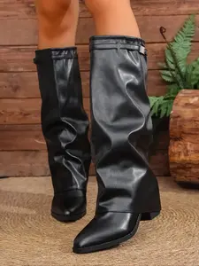 Women's Leather Foldover Shark Buckle Knee-High Pointed Toes Boots, Fashion Dress Boots for Trendy Women, Durable Comfortable Women's Boots Ladies Feminine Women Fashion Comfort Elegant Sleek Casual Smooth