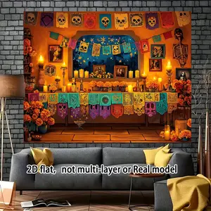 1pc Surreal Folk Art Day of the Dead Party Banner - Vibrant Día de los Muertos Polyester Banner with Skull & Floral Design for Classroom, Office Decor, Photo Booth Backdrop - No Electricity Needed, All-Season Use Ornaments Decoration