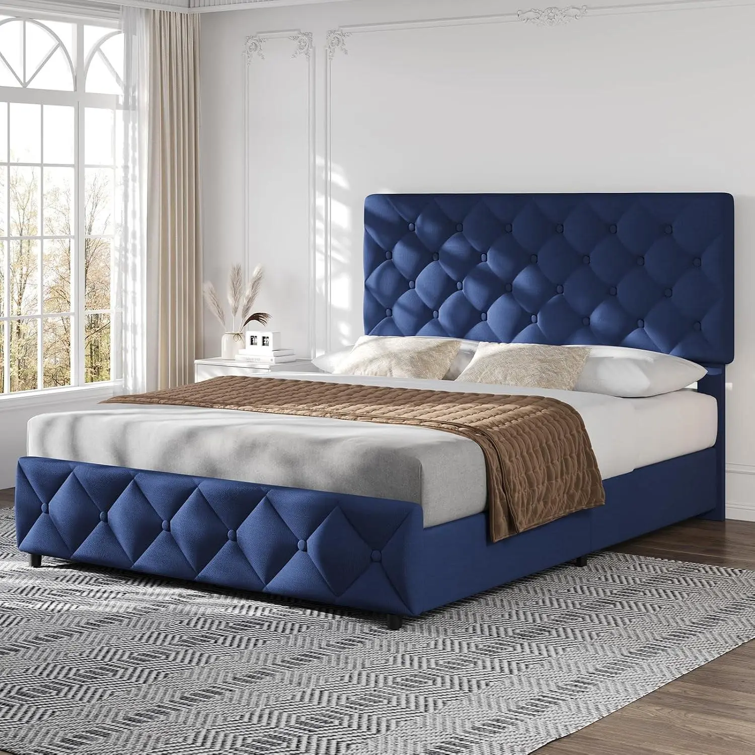 Gaomon 【Christmas Gift】Linen Upholstered Wood Bed Frame - Full Size, 4 Storage Drawers, Adjustable Headboard, Diamond Stitched Button Tufted, No Box Spring Needed, Blue, Full Size Mattress
