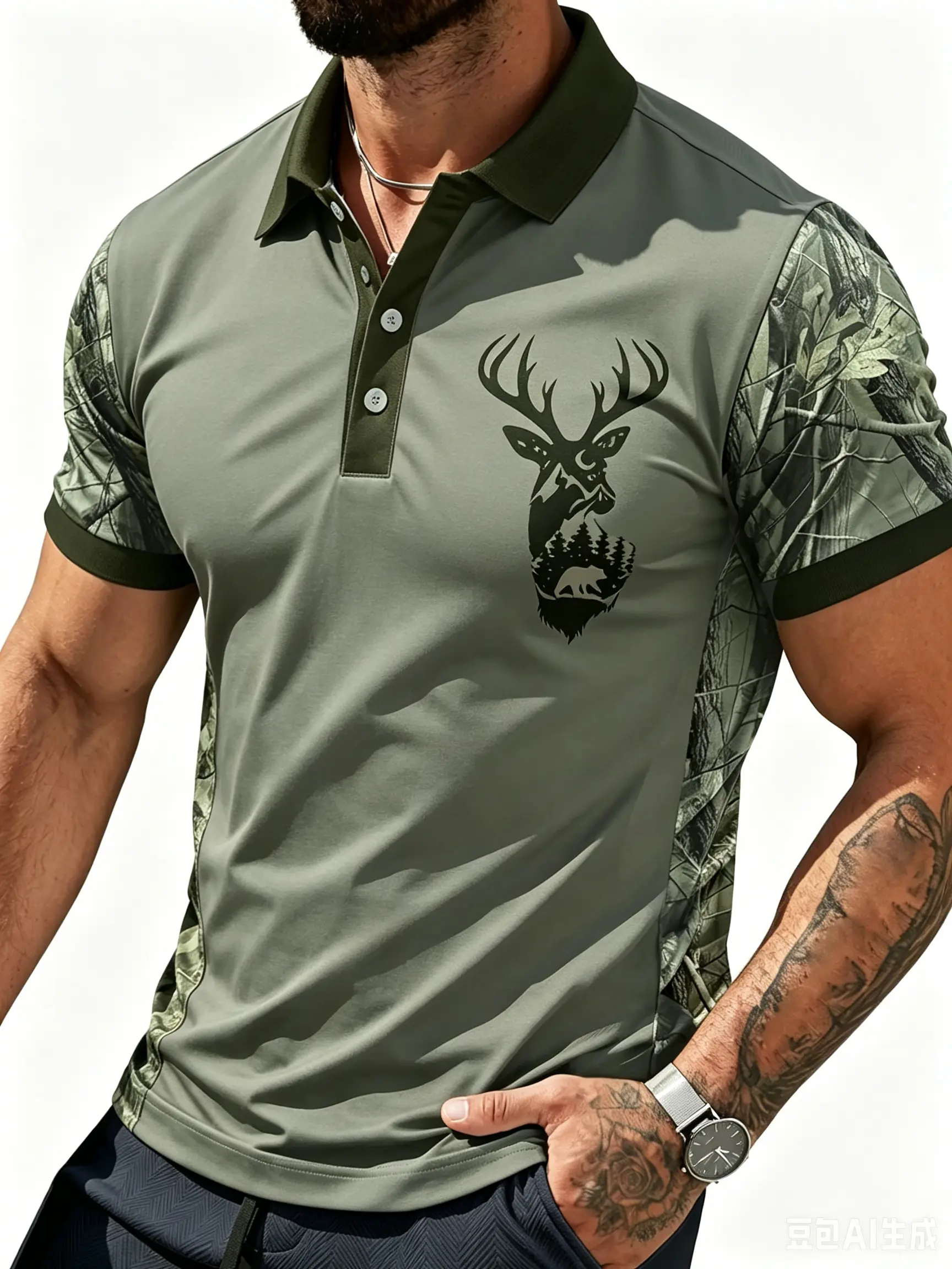 polo shirt Men's Camouflage Quick-Dry Shirt - Casual Outdoor Style, Deer Head Print, Short Sleeve, Buttoned Collar