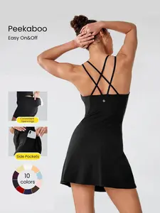 GLOWMODE FeatherFit-Air Peekaboo Square Neck Pocket Anti-Slip Active Mini Dress With Built-In Shorts Light Support Low Impact Spring Dress Summer Dress