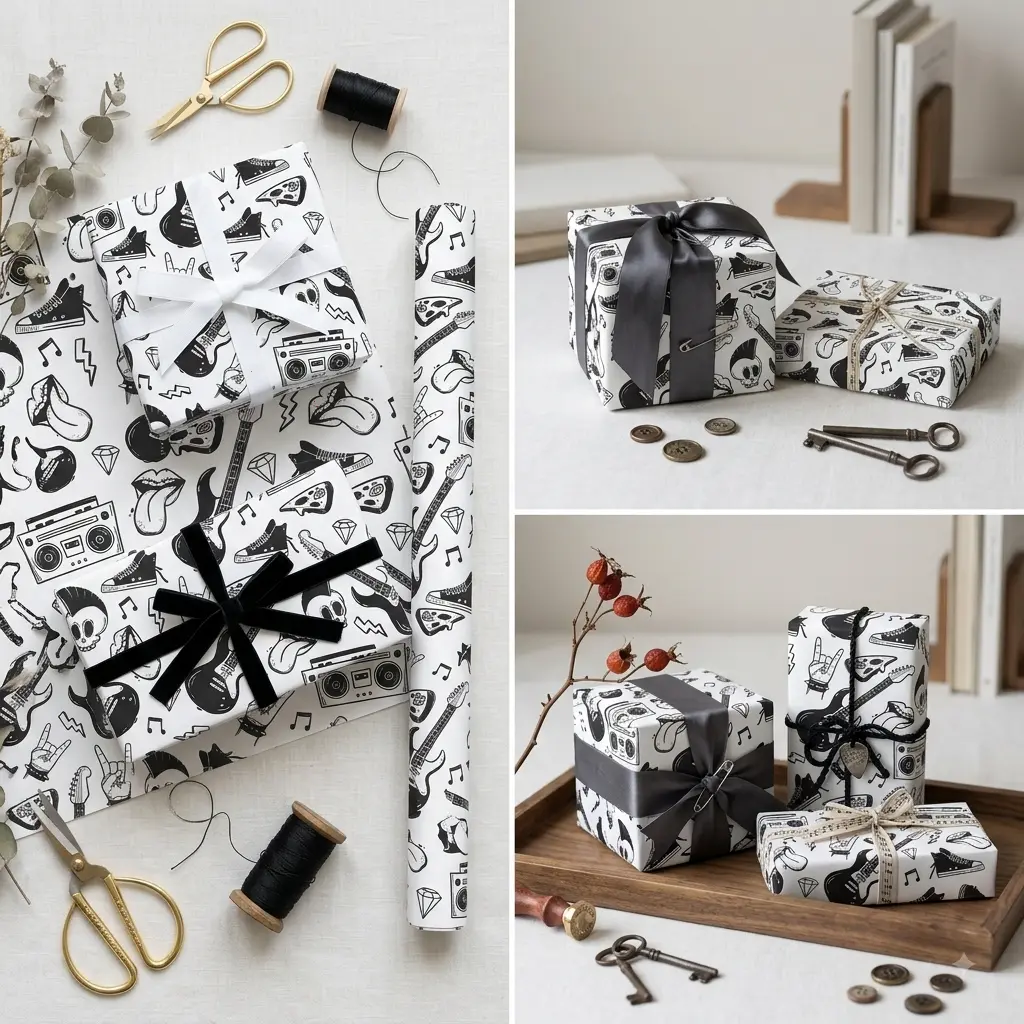 Punk Rock N Roll Electric Guitar Gift Wrapping Paper Sheet - Black and White Music Radio Skull Doodle Wrap for Birthday Graduation Music Lovers