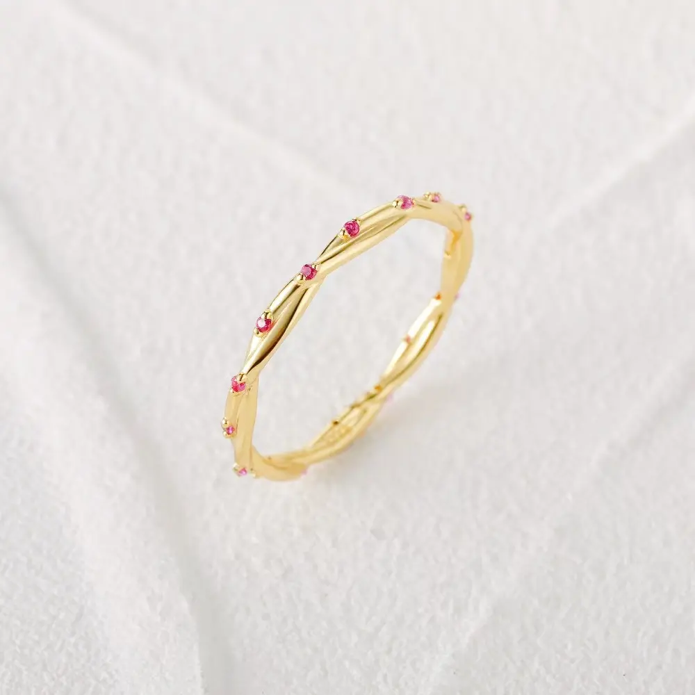 Ruby Red 18K Gold Plated Twist Ring - 925 Sterling Silver CZ Stackable Ring Infinity Eternity Bands for Women