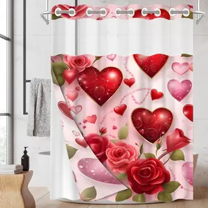 1PC 2D Flat Valentine's Day Heart and Floral Pattern Double-Layer Woven Shower Curtain (No Hooks), Transparent Top Window, Removable Lining with Clips, Modern and Unique Home Bathroom Partition Art Decoration, Bathroom Decor, Holiday Decoration