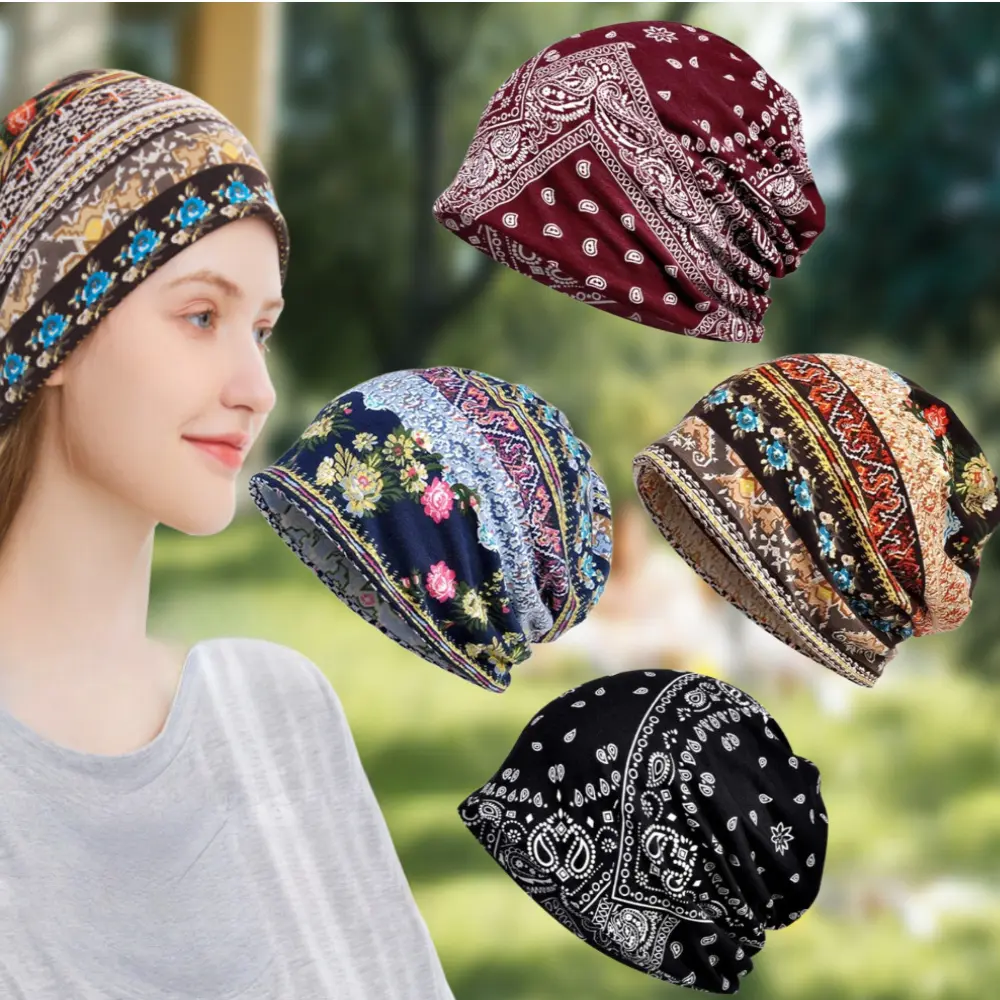 4pcs Mix Patterned Slouchy Beanies for Men & Women, Reversible Double-Layer Caps for Chemo Patients, Year-Round Outdoor Wear